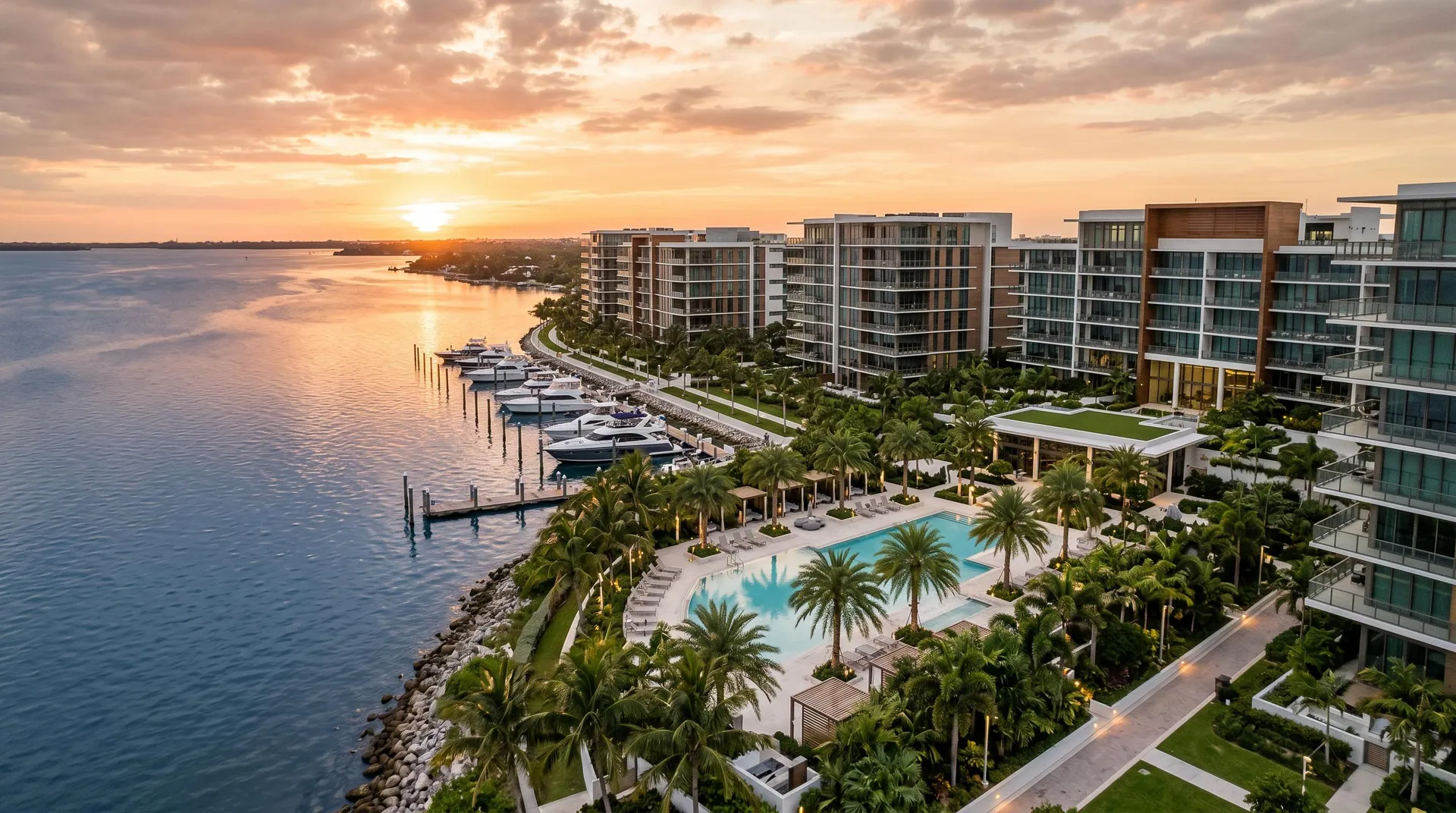 Waterfront residential community at sunset